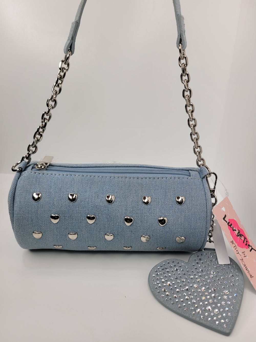 👉✨️ Betsey Johnson Light Blue Denim Studded Barrel Shoulder Bag